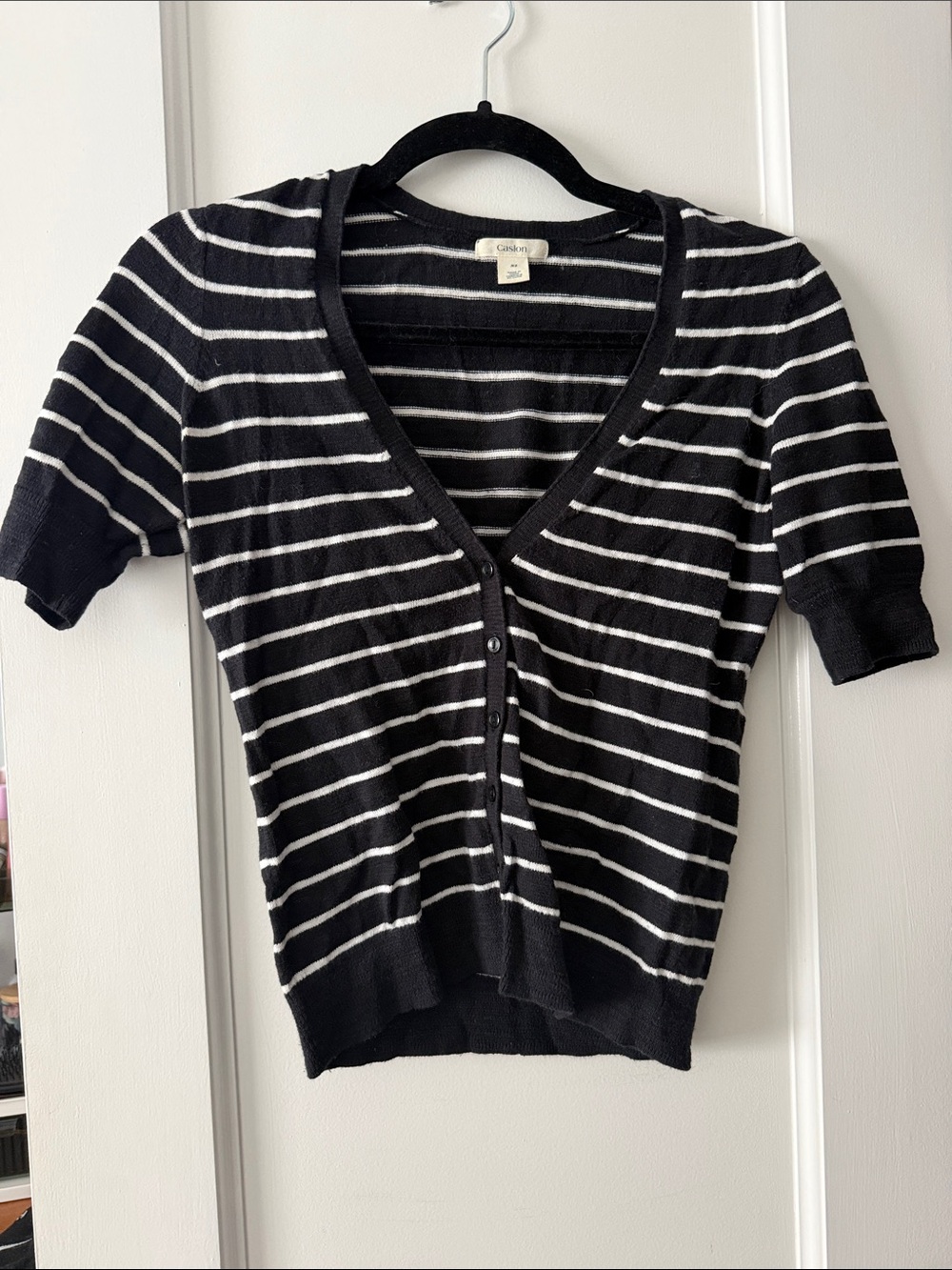 Black & White Striped V-Neck Short Sleeve Sweater - Unknown Brand